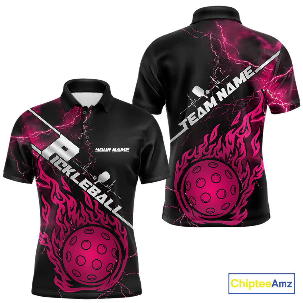 Custom Black And Pink Thunder Lightning Flame Pcikleball Polo Team Shirts For Men IPHW9306