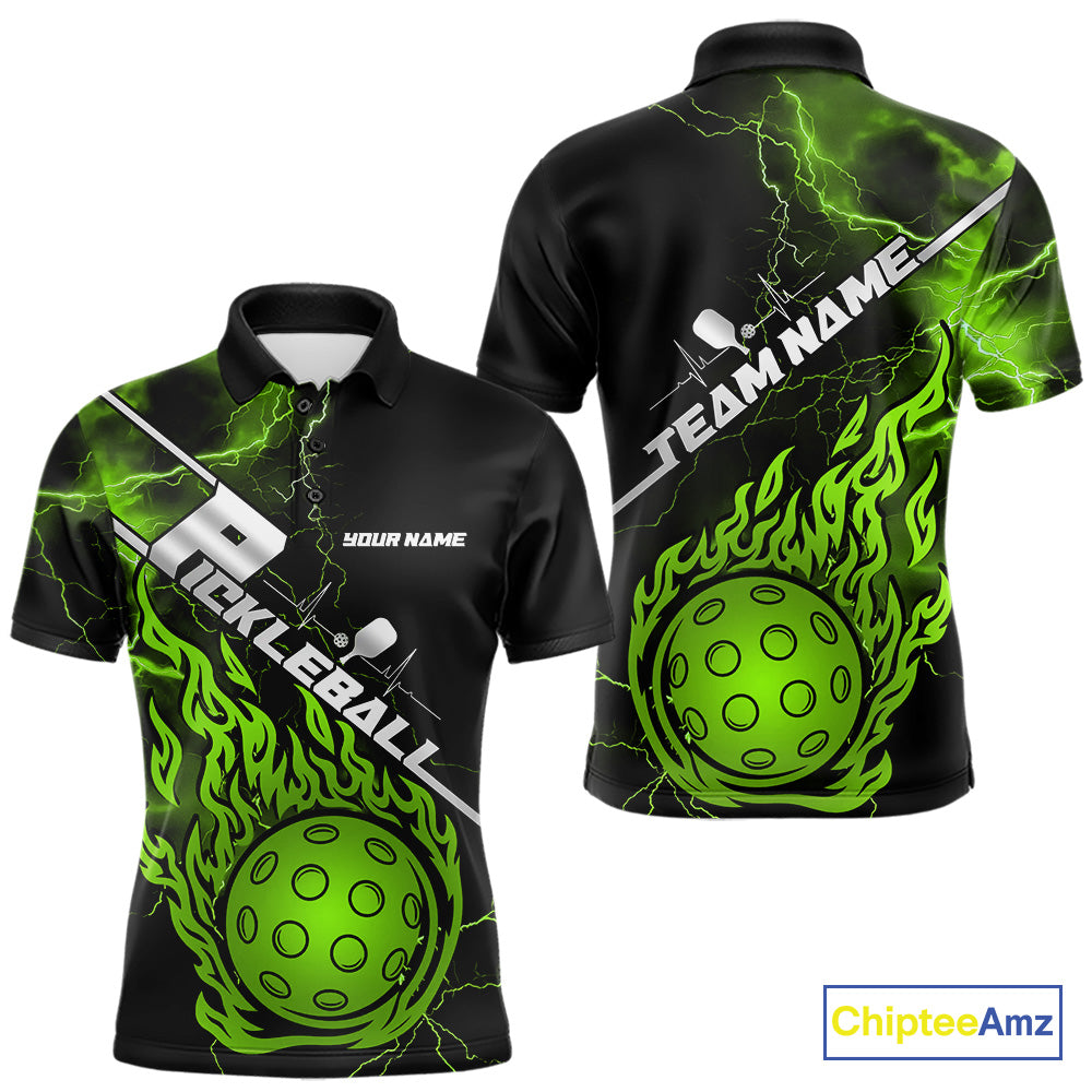 Custom Black And Green Thunder Lightning Flame Pcikleball Polo Team Shirts For Men IPHW9307