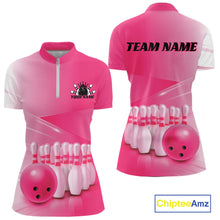 Load image into Gallery viewer, Front and back women’s bowling quarter zip mockup featuring bowling ball and pins artwork arranged within a pink gradient design.