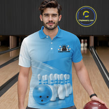 Load image into Gallery viewer, Male model front view at the bowling lane wearing a bowling polo shirt with bowling ball and pins arranged across a pink gradient layout.
