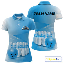 Load image into Gallery viewer, Front and back women’s polo shirt mockup featuring bowling ball and pins arranged within a pink gradient layout.
