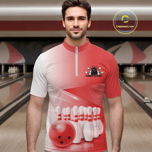 Load image into Gallery viewer, Male model front view in a bowling lane wearing a bowling quarter zip shirt with bowling ball and pins arranged in a pink gradient design.
