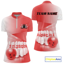 Load image into Gallery viewer, Women’s bowling quarter zip mockup shown front and back with bowling ball and pins artwork arranged within a pink gradient layout.