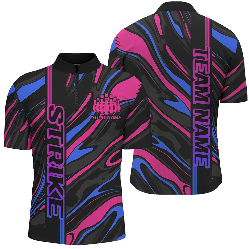 Blue And Pink Custom Strike Bowling Shirts For Men, Striking Bowling Team Uniform IPHW7683