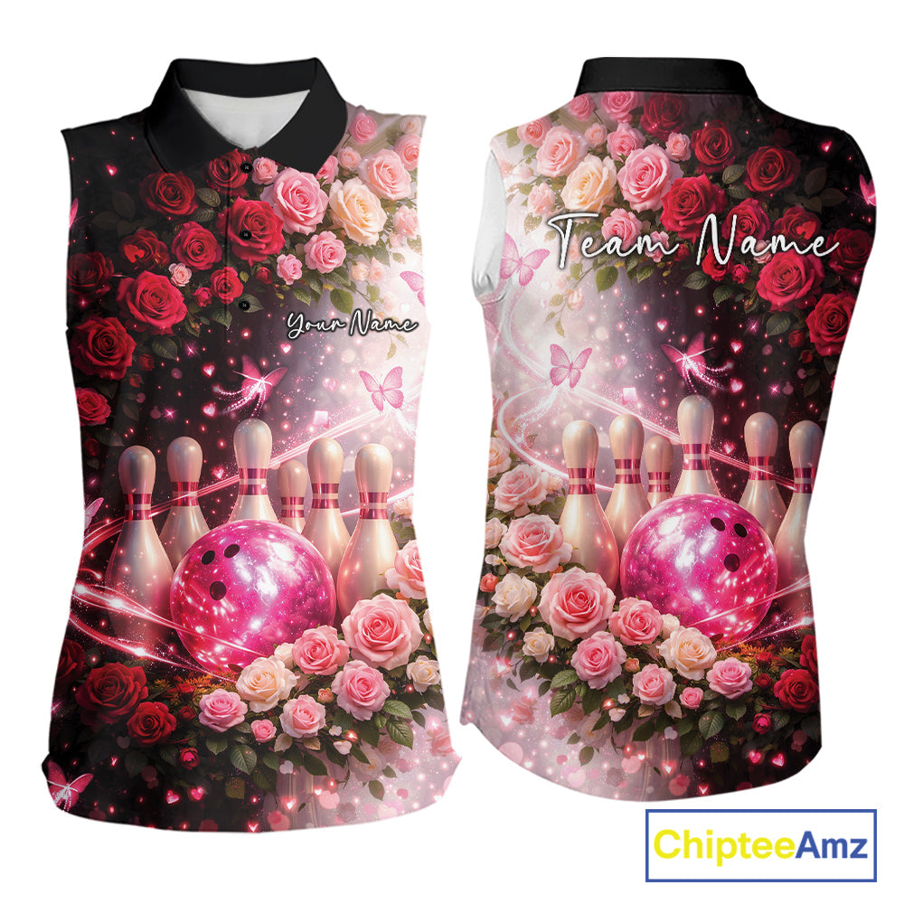 Custom Dreamy Pink Roses And Butterfly Women Bowling Sleeveless Polo Shirt, Ladies Bowling Shirt IPHW10896