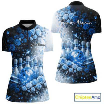 Custom Dreamy Blue Roses And Butterfly Women Bowling Quarter-Zip Shirt, Ladies Outfit IPHW10897