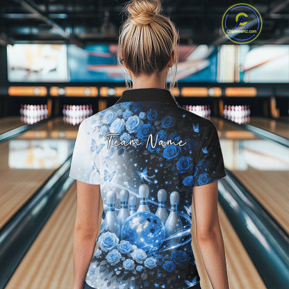 Custom Dreamy Blue Roses And Butterfly Women Bowling Quarter-Zip Shirt, Ladies Outfit IPHW10897