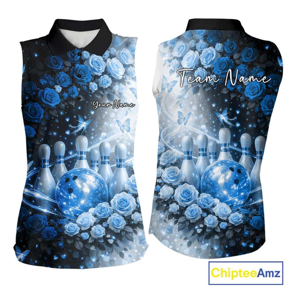 Custom Dreamy Blue Roses And Butterfly Women Bowling Sleeveless Polo Shirt, Ladies Bowling Shirt IPHW10897