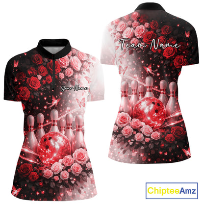 Custom Dreamy Red Roses And Butterfly Women Bowling Quarter-Zip Shirt, Ladies Outfit IPHW10898