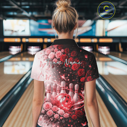 Custom Dreamy Red Roses And Butterfly Women Bowling Quarter-Zip Shirt, Ladies Outfit IPHW10898