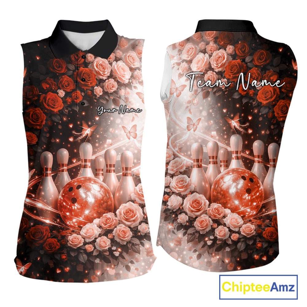 Custom Dreamy Orange Roses And Butterfly Women Bowling Sleeveless Shirt, Ladies Bowling Shirt IPHW10900