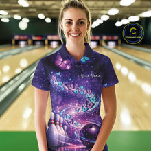 Load image into Gallery viewer, Custom Elegant Blue And Purple Butterfly Women Bowling Shirt, Ladies Bowling Team Outfit IPHW10908