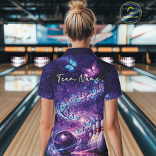Load image into Gallery viewer, Custom Elegant Blue And Purple Butterfly Women Bowling Shirt, Ladies Bowling Team Outfit IPHW10908