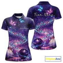 Load image into Gallery viewer, Custom Elegant Blue And Purple Butterfly Women Bowling Shirt, Ladies Bowling Team Outfit IPHW10908