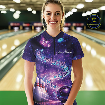 Custom Elegant Blue And Purple Butterfly Women Bowling Shirt, Ladies Bowling Team Outfit IPHW10908