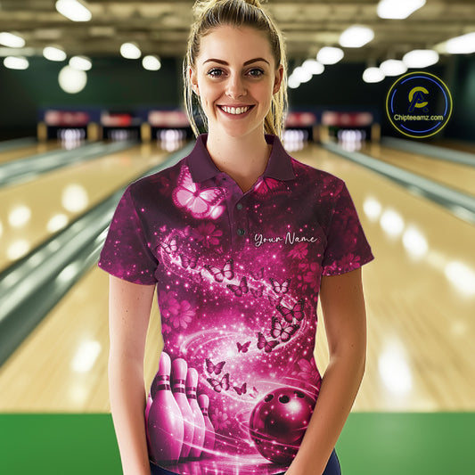 Custom Elegant Pink Butterfly Women Bowling Shirt, Ladies Bowling Team Outfit IPHW10909