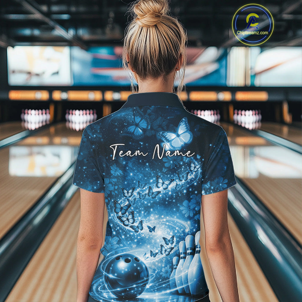 Custom Elegant Blue Butterfly Women Bowling Shirt, Ladies Bowling Team Outfit IPHW10910