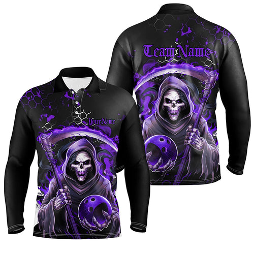 Purple And Black Custom Skull Bowling Polo Shirts For Men, Halloween Long Sleeve Bowling Shirts IPHW6783
