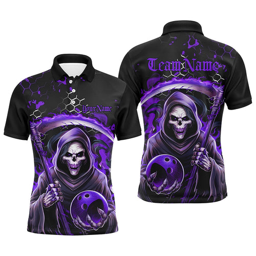 Purple And Black Custom Grim Reaper Bowling Polo Shirts For Men, Halloween Skull Bowling Shirt IPHW6783