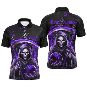 Purple And Black Custom Grim Reaper Bowling Polo Shirts For Men, Halloween Skull Bowling Shirt IPHW6783