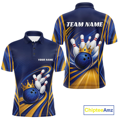 Custom Blue And Gold King Crown Bowling Team Men Polo Shirt, Bowling League Shirt IPHW11823