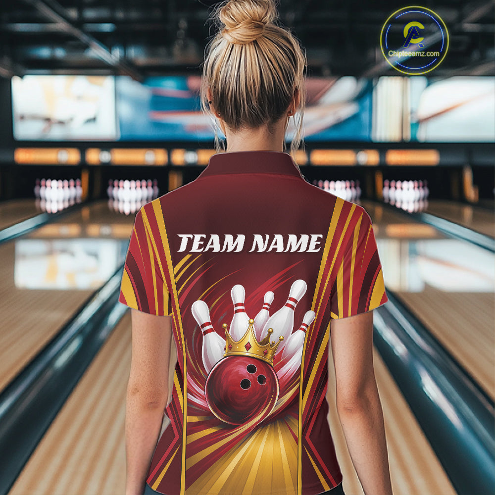 Custom Red And Gold Queen Crown Bowling Women Quarter-Zip Shirt, Bowling League Shirt IPHW11824