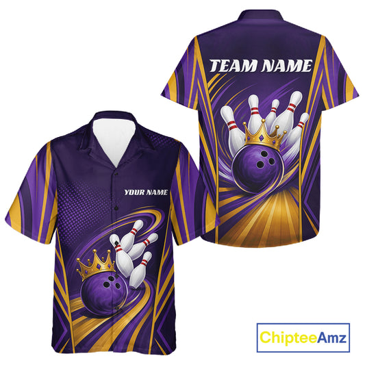 Custom bowling-themed short-sleeve button-up shirt shown from both front and back on a white background. The design features a purple and gold abstract background with a bowling ball, bowling pins, and a gold crown graphic.
