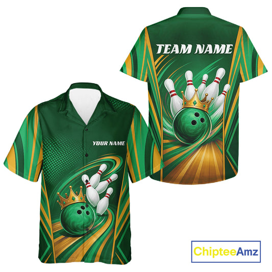 Custom bowling-themed short-sleeve button-up shirt shown from both front and back views. The shirt features a green and yellow abstract racing stripe pattern with illustrations of bowling balls, bowling pins, and a gold crown.