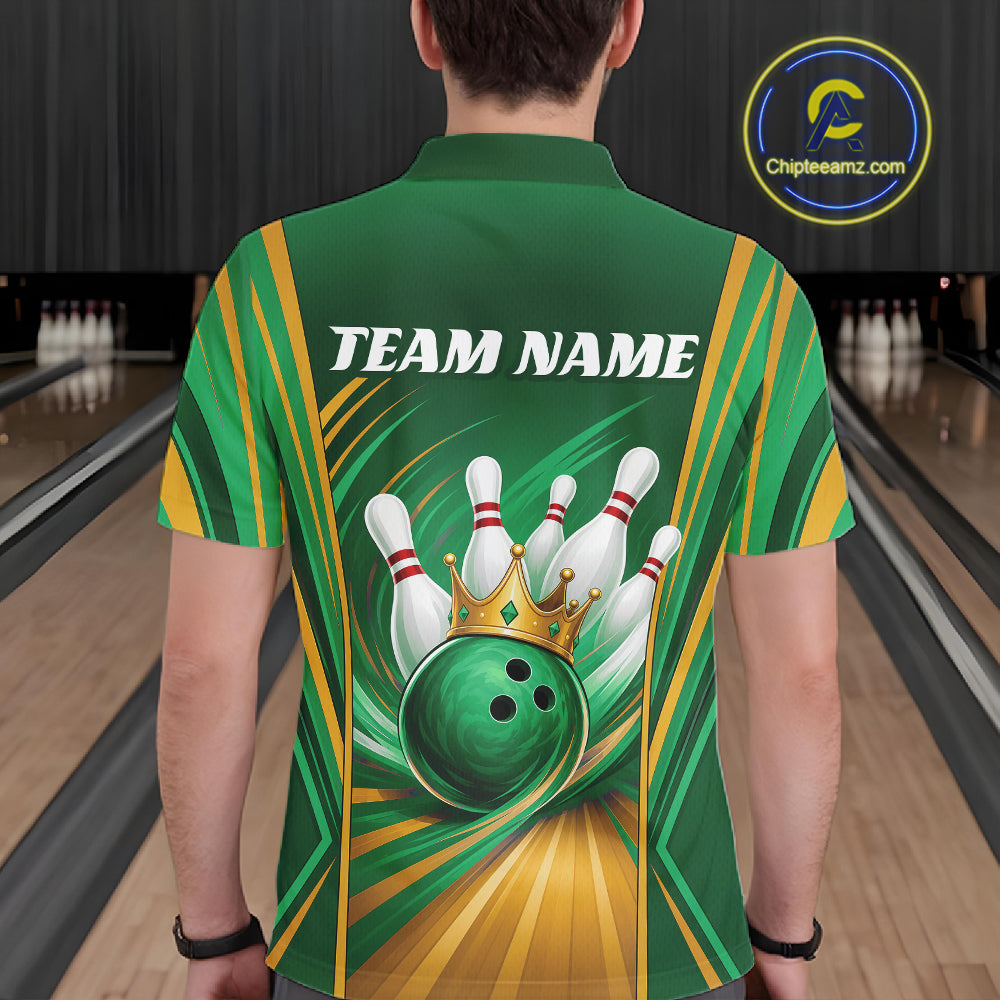 Custom Green And Gold King Crown Bowling Team Men Polo Shirt, Bowling League Shirt IPHW11826