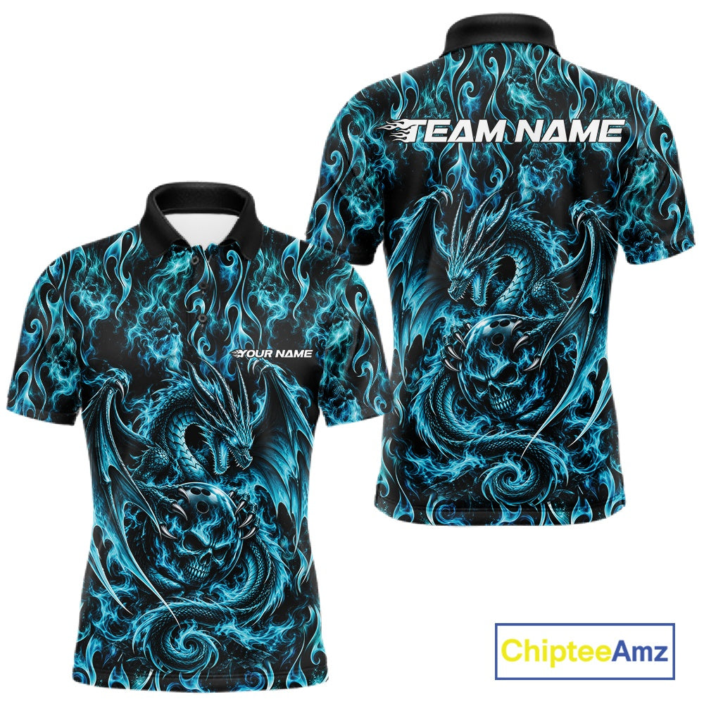Blue Flame Dragon With Skull Bowling Ball Custom Bowling Men Polo Shirt Bowling Jersey IPHW12113