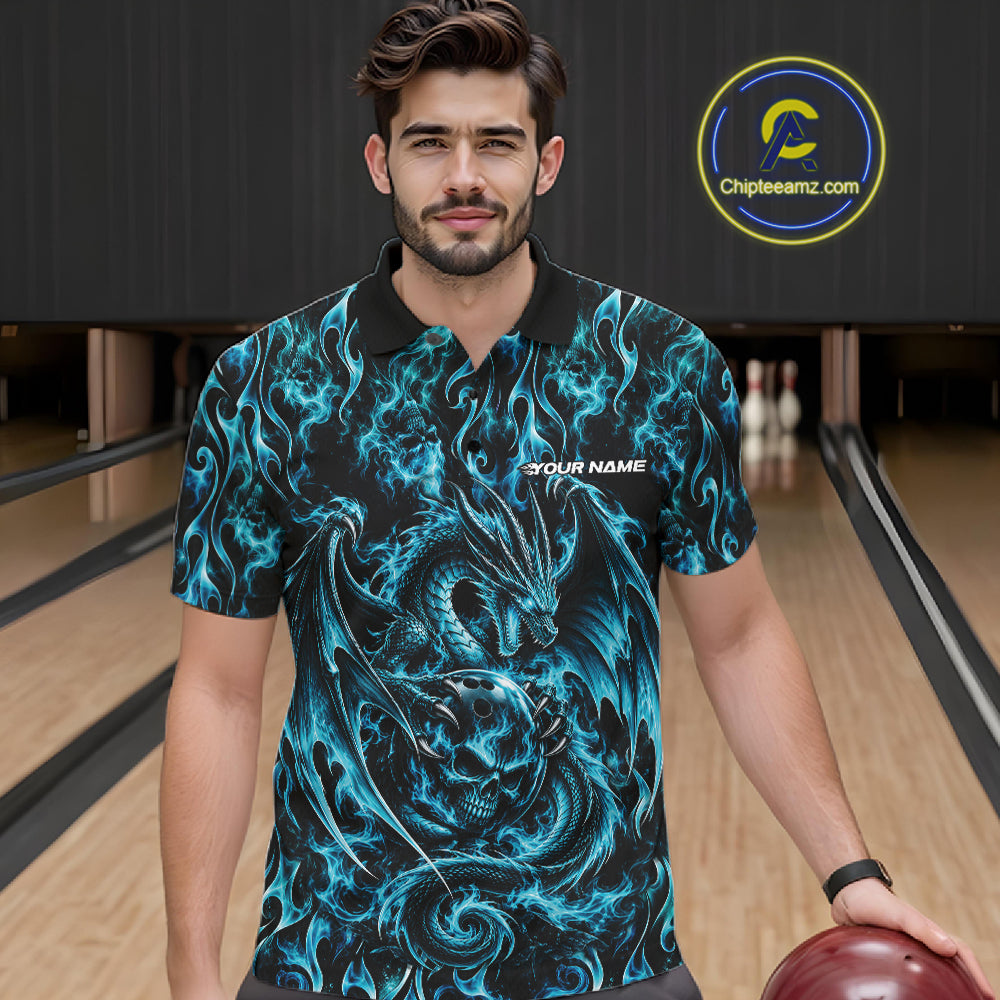 Blue Flame Dragon With Skull Bowling Ball Custom Bowling Men Polo Shirt Bowling Jersey IPHW12113