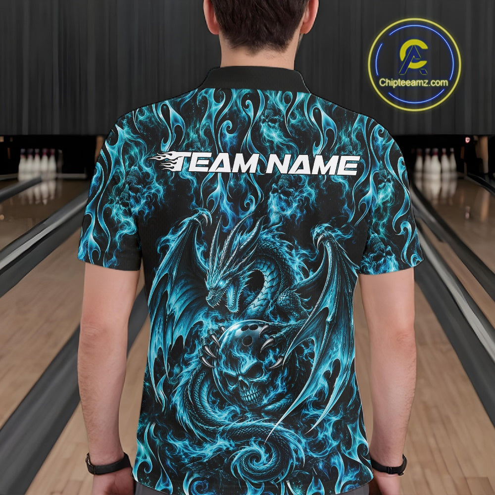 Blue Flame Dragon With Skull Bowling Ball Custom Bowling Men Polo Shirt Bowling Jersey IPHW12113