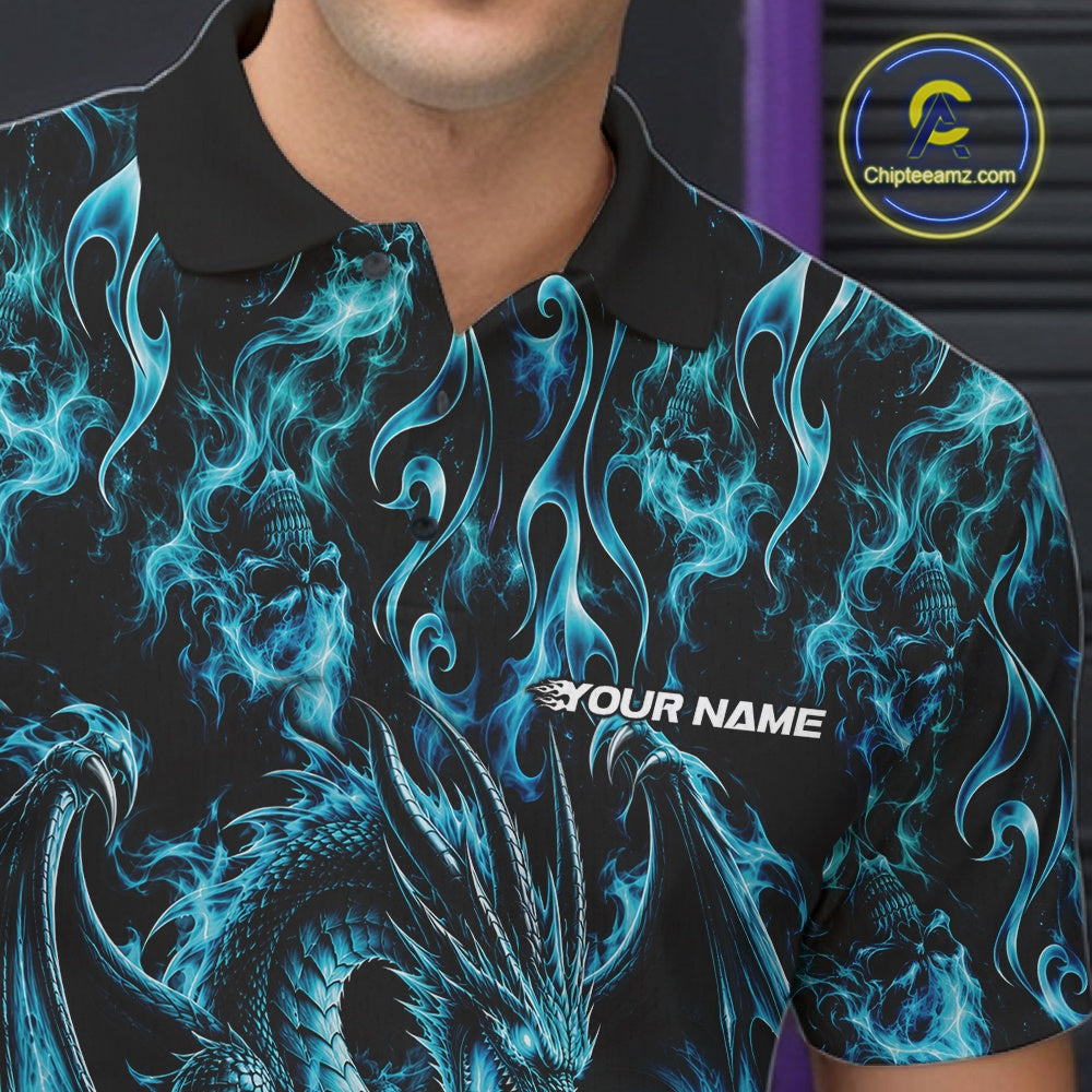 Blue Flame Dragon With Skull Bowling Ball Custom Bowling Men Polo Shirt Bowling Jersey IPHW12113