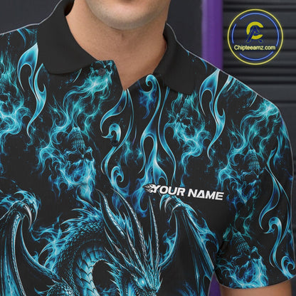 Blue Flame Dragon With Skull Bowling Ball Custom Bowling Men Polo Shirt Bowling Jersey IPHW12113