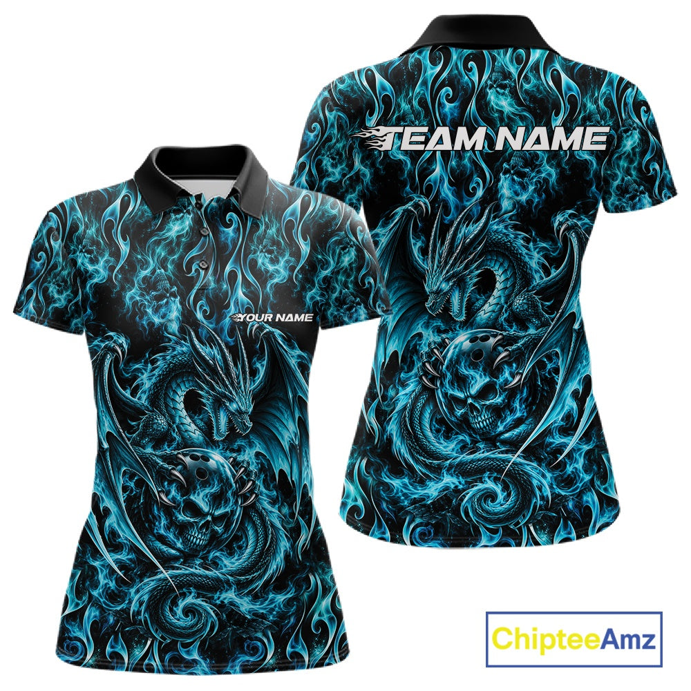 Blue Flame Dragon With Skull Bowling Ball Custom Bowling Women Polo Shirt Bowling Jersey IPHW12113