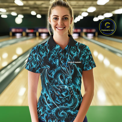 Blue Flame Dragon With Skull Bowling Ball Custom Bowling Women Polo Shirt Bowling Jersey IPHW12113