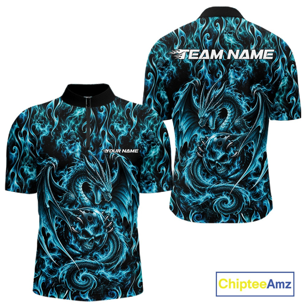Blue Flame Dragon With Skull Bowling Ball Custom Bowling Men Quarter Zip Shirt Bowling Jersey IPHW12113