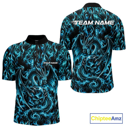 Blue Flame Dragon With Skull Bowling Ball Custom Bowling Men Quarter Zip Shirt Bowling Jersey IPHW12113