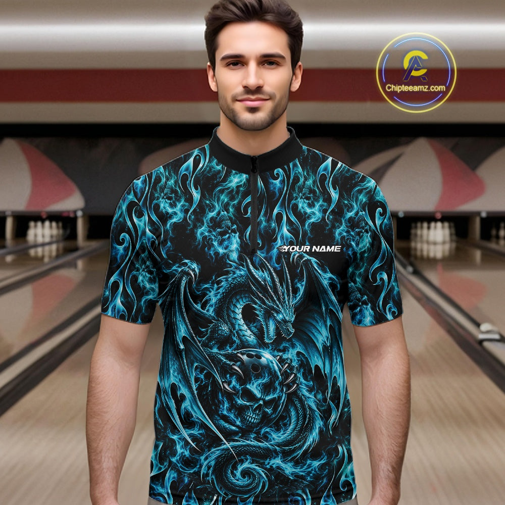 Blue Flame Dragon With Skull Bowling Ball Custom Bowling Men Quarter Zip Shirt Bowling Jersey IPHW12113