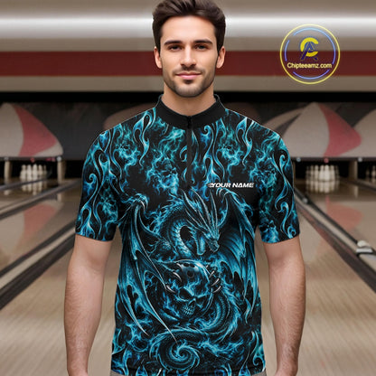 Blue Flame Dragon With Skull Bowling Ball Custom Bowling Men Quarter Zip Shirt Bowling Jersey IPHW12113