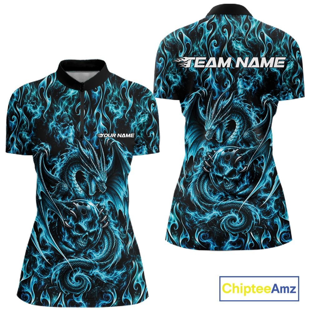 Blue Flame Dragon With Skull Bowling Ball Custom Bowling Women Quarter-Zip Shirt IPHW12113