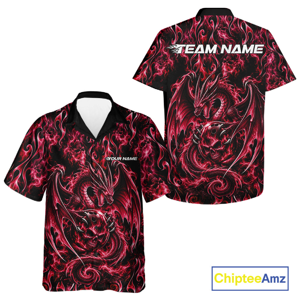 Red Flame Dragon With Skull Bowling Ball Custom Bowling Men And Women Button Up Shirt Bowling Jersey IPHW12114