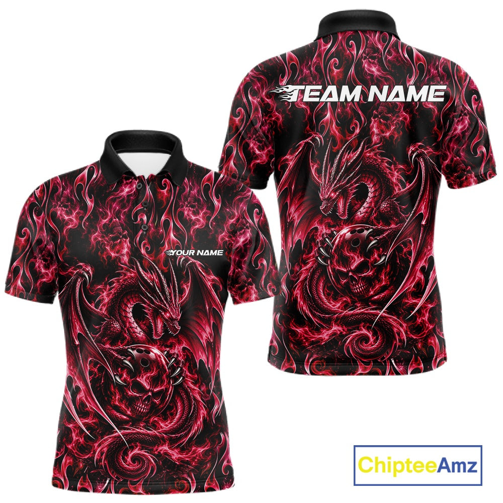 Red Flame Dragon With Skull Bowling Ball Custom Bowling Men Polo Shirt Bowling Jersey IPHW12114
