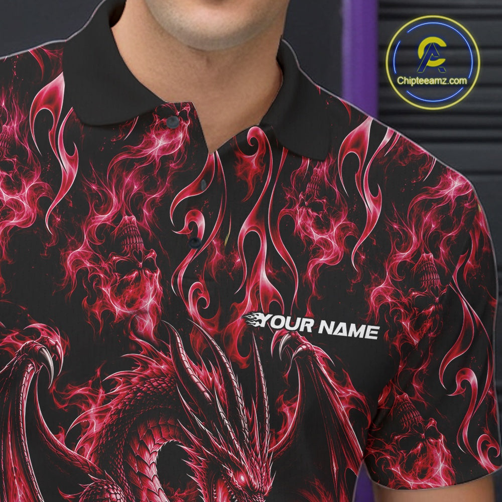 Red Flame Dragon With Skull Bowling Ball Custom Bowling Men Polo Shirt Bowling Jersey IPHW12114