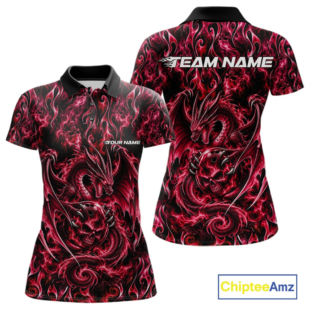 Red Flame Dragon With Skull Bowling Ball Custom Bowling Women Polo Shirt Bowling Jersey IPHW12114