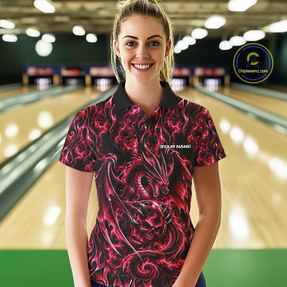 Red Flame Dragon With Skull Bowling Ball Custom Bowling Women Polo Shirt Bowling Jersey IPHW12114