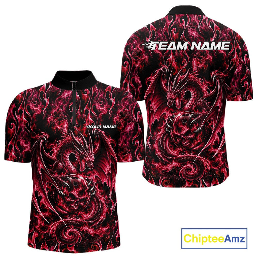 Red Flame Dragon With Skull Bowling Ball Custom Bowling Men Quarter Zip Shirt Bowling Jersey IPHW12114