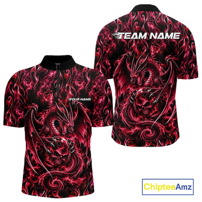 Red Flame Dragon With Skull Bowling Ball Custom Bowling Men Quarter Zip Shirt Bowling Jersey IPHW12114