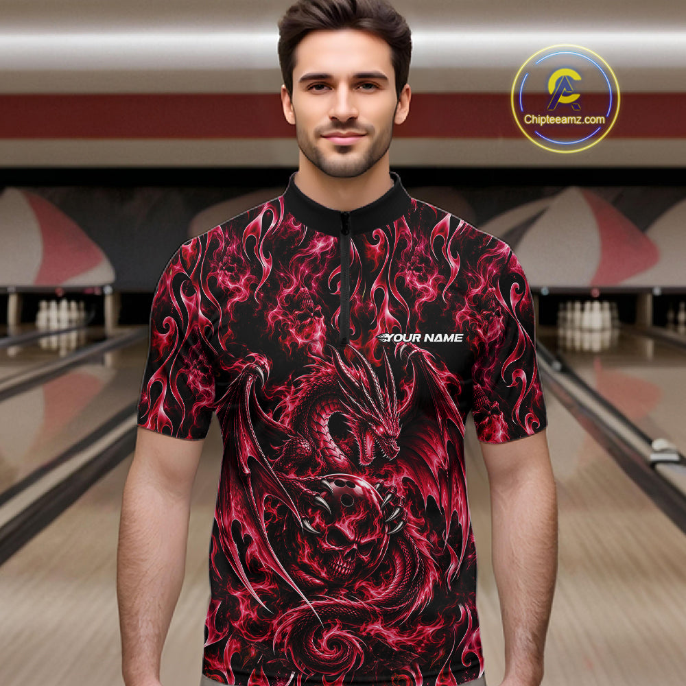 Red Flame Dragon With Skull Bowling Ball Custom Bowling Men Quarter Zip Shirt Bowling Jersey IPHW12114