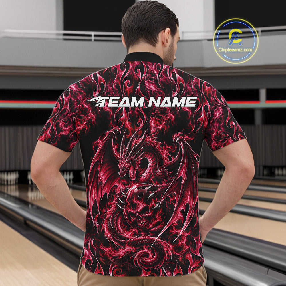 Red Flame Dragon With Skull Bowling Ball Custom Bowling Men Quarter Zip Shirt Bowling Jersey IPHW12114